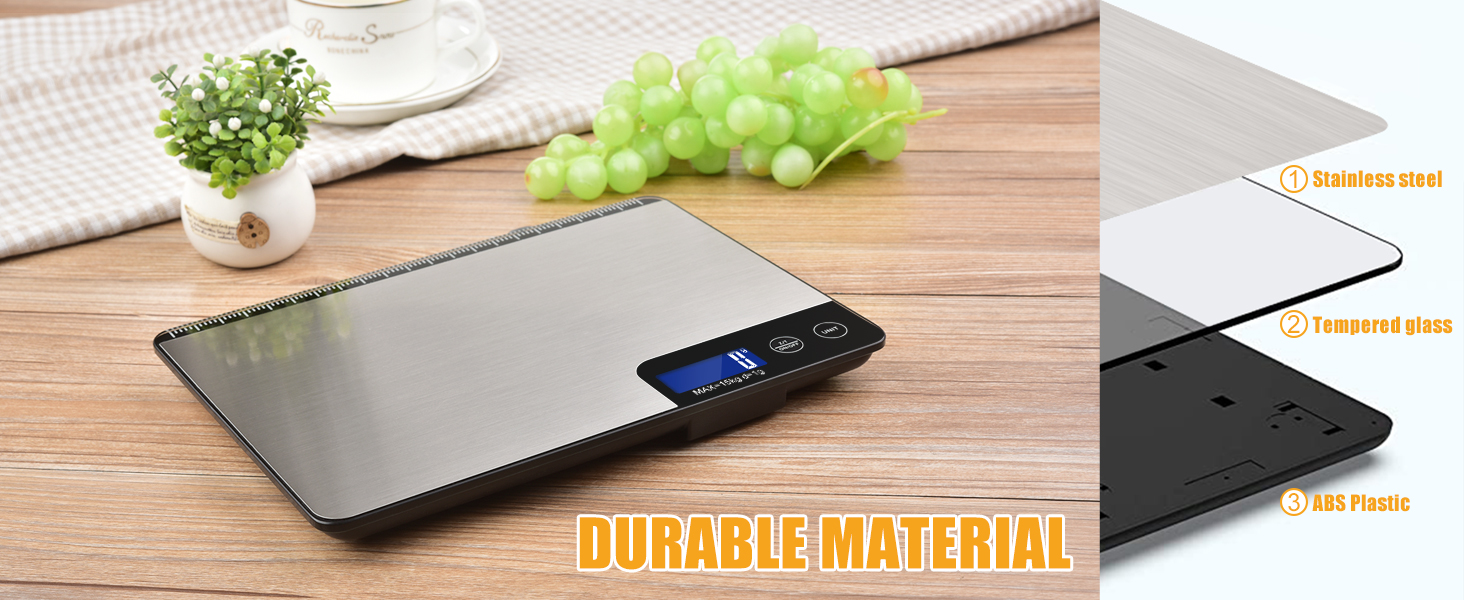 33lb Digital Kitchen Scale Large Weighing Area (9 in), Diyife Professional Electronic Food Scale, Stainless Steel Household Scale, Touch Control, LCD Display, Hangable, 6 Units, Tare, with Batteries