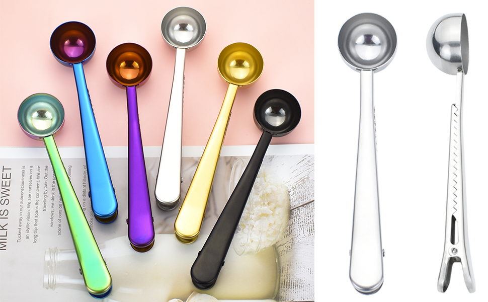 Coffee Scoop Spoon with Bag Clip 2 Pcs,1 Tbsp Stainless Steel Long Handle Measuring Spoons for Ground Coffee and Beans, Loose Tea and Powder(Silver / 15ML)