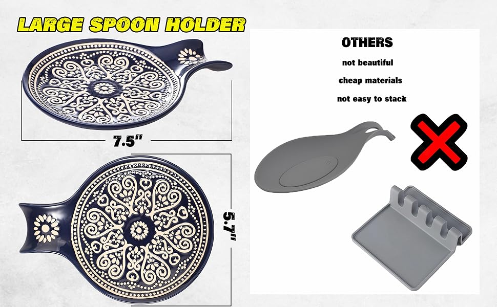 Ceramic Spoon Rest, Cooking Spoon Holder for Kitchen Counter/Stove Top/Dining Table Modern Farmhouse Decorative, Large (Blue)