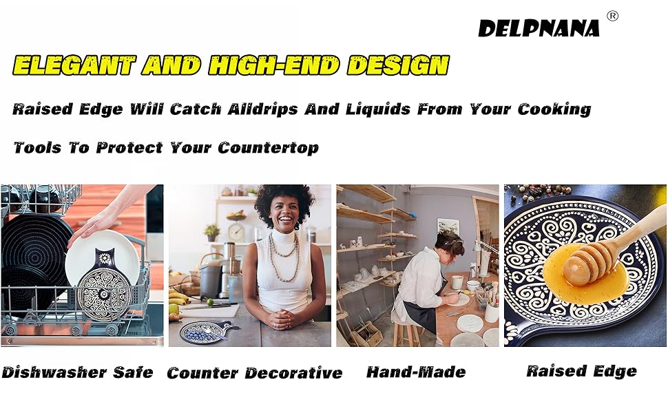 Ceramic Spoon Rest, Cooking Spoon Holder for Kitchen Counter/Stove Top/Dining Table Modern Farmhouse Decorative, Large (Blue)