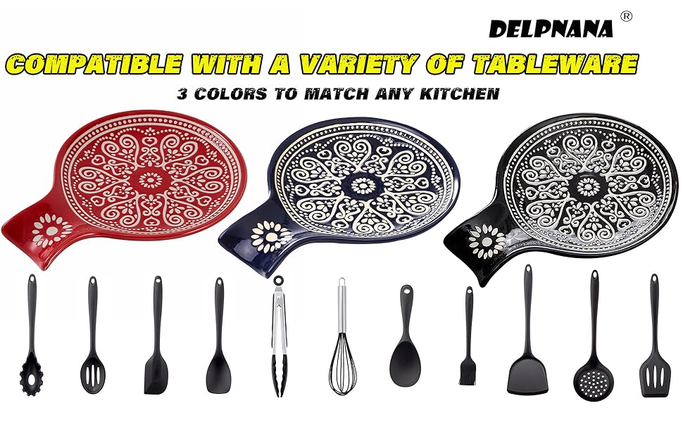 Ceramic Spoon Rest, Cooking Spoon Holder for Kitchen Counter/Stove Top/Dining Table Modern Farmhouse Decorative, Large (Blue)