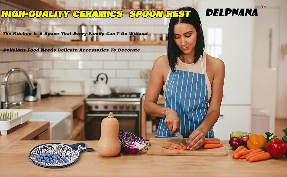 Ceramic Spoon Rest, Cooking Spoon Holder for Kitchen Counter/Stove Top/Dining Table Modern Farmhouse Decorative, Large (Blue)