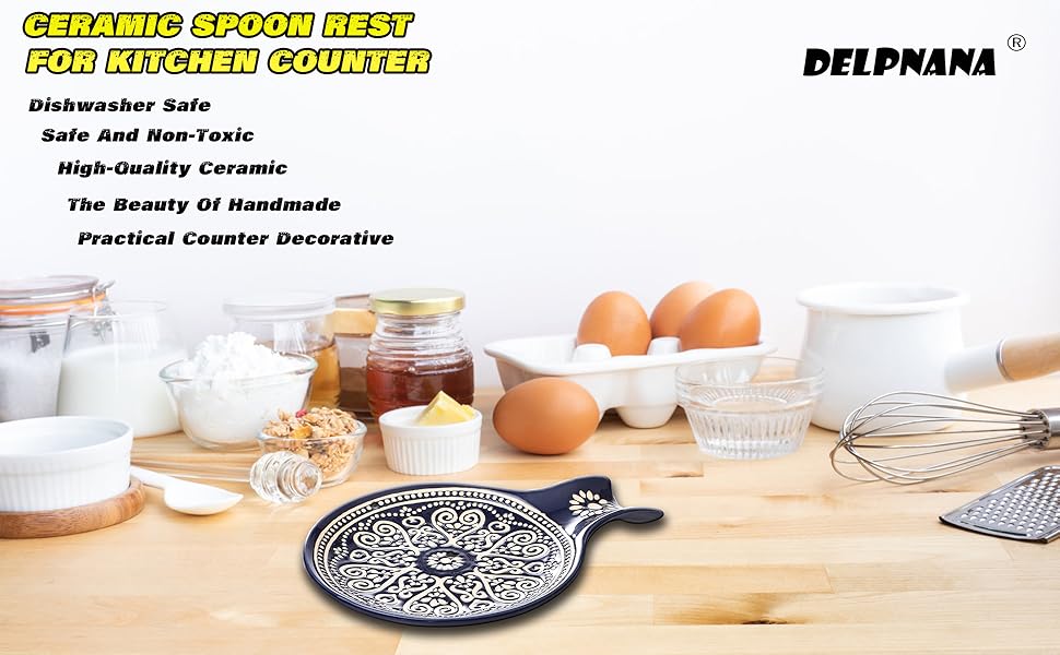 Ceramic Spoon Rest, Cooking Spoon Holder for Kitchen Counter/Stove Top/Dining Table Modern Farmhouse Decorative, Large (Blue)