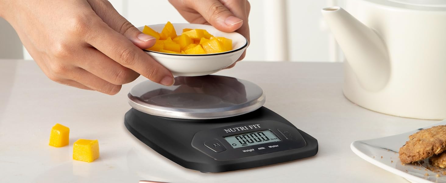 NUTRI FIT Digital Food Scale Small Kitchen Scales Weight in Grams and OZ for Cooking Baking Weight Loss, Stainless Steel Tare & Backlit LCD Display, Black