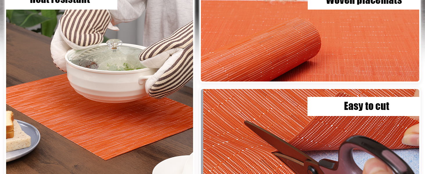 Myir JUN Placemats Set of 8, Vinyl Woven Placemats Place Mats Indoor Set of 8 Washable Table Mats Non-Slip Place mats for Dining Table (Orange, Set of 8)