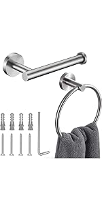 6 Pieces Brushed Nickel Bathroom Hardware Accessories Set Hand Towel Ring 16&23.6 inch Round Towel Bar Silver Toilet Paper Holder Towel Hooks 2 Pieces SUS 304 Stainless Steel,Heavy Duty,Wall Mounted