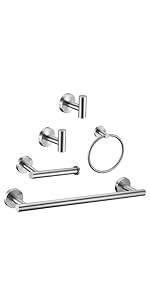 6 Pieces Brushed Nickel Bathroom Hardware Accessories Set Hand Towel Ring 16&23.6 inch Round Towel Bar Silver Toilet Paper Holder Towel Hooks 2 Pieces SUS 304 Stainless Steel,Heavy Duty,Wall Mounted