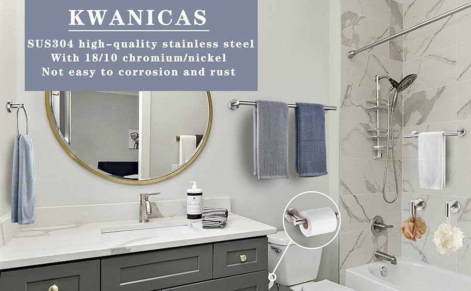 6 Pieces Brushed Nickel Bathroom Hardware Accessories Set Hand Towel Ring 16&23.6 inch Round Towel Bar Silver Toilet Paper Holder Towel Hooks 2 Pieces SUS 304 Stainless Steel,Heavy Duty,Wall Mounted