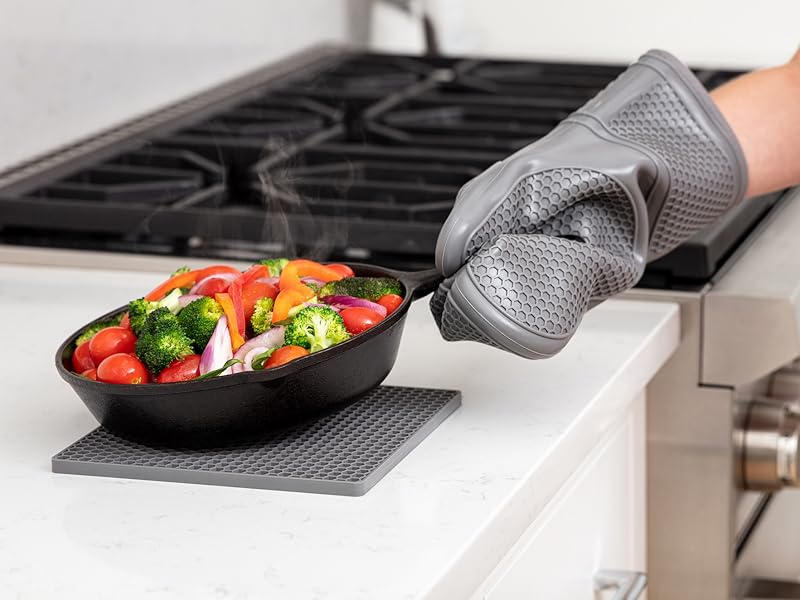 GORILLA GRIP BPA-Free Soft Silicone Oven Mitts and Pot Holders Sets of 4, Heat Resistant Waterproof Cooking Gloves, Thick Cotton Lining, Flexible Gripping for Baking Grilling, Kitchen Trivets, Almond