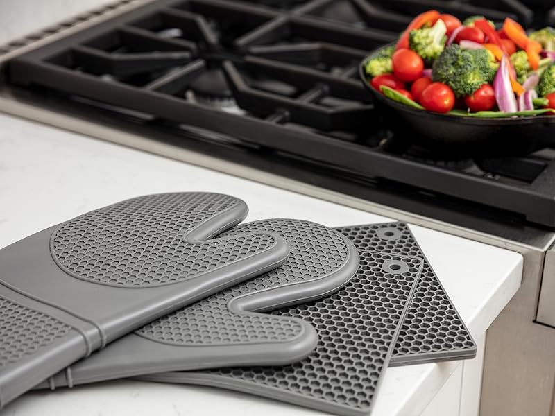 GORILLA GRIP BPA-Free Soft Silicone Oven Mitts and Pot Holders Sets of 4, Heat Resistant Waterproof Cooking Gloves, Thick Cotton Lining, Flexible Gripping for Baking Grilling, Kitchen Trivets, Almond
