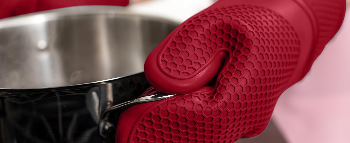 GORILLA GRIP BPA-Free Soft Silicone Oven Mitts and Pot Holders Sets of 4, Heat Resistant Waterproof Cooking Gloves, Thick Cotton Lining, Flexible Gripping for Baking Grilling, Kitchen Trivets, Almond