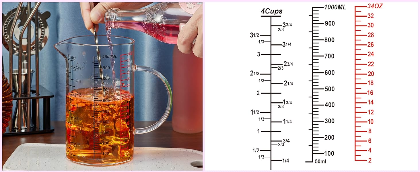 Glass Measuring Cup-[Insulated handle | V-Shaped Spout]-Made of High Borosilicate Glass Measuring Cup for Kitchen or Restaurant, Easy to Read, 1000 ML (32 Oz, 4 Cup)