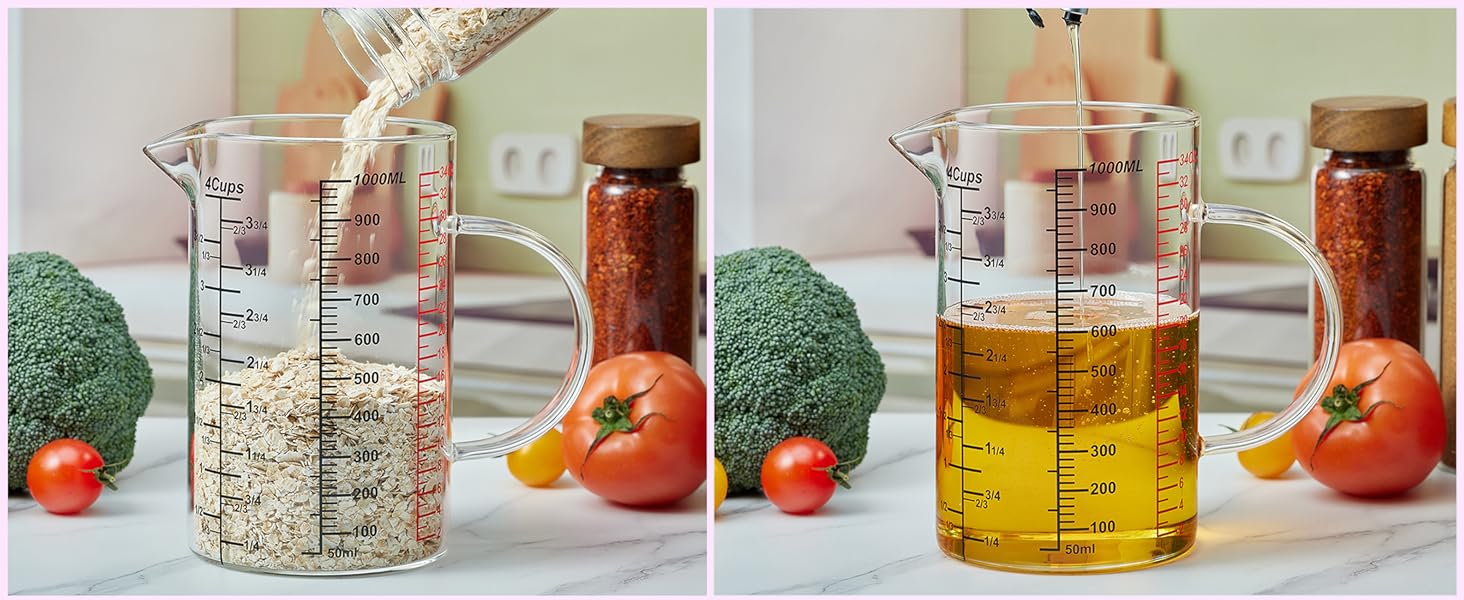 Glass Measuring Cup-[Insulated handle | V-Shaped Spout]-Made of High Borosilicate Glass Measuring Cup for Kitchen or Restaurant, Easy to Read, 1000 ML (32 Oz, 4 Cup)
