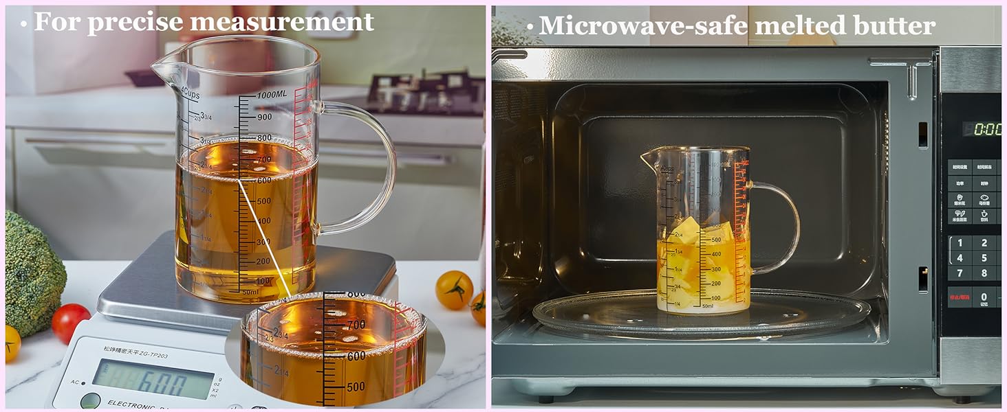 Glass Measuring Cup-[Insulated handle | V-Shaped Spout]-Made of High Borosilicate Glass Measuring Cup for Kitchen or Restaurant, Easy to Read, 1000 ML (32 Oz, 4 Cup)