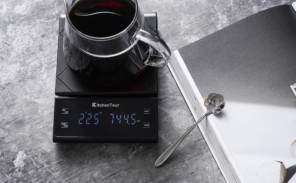 KitchenTour Coffee Scale with Timer for Brew Artisanal Java - Pour Over Scale for Slow Drip and French Press Coffee - Multifunction Kitchen Food Scale with Grams and oz
