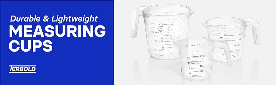 3pc Liquid Measuring Cups Set - 1 Cup, 2 Cup, 1 Quart | Clear Plastic Measure Cups with Long Handles