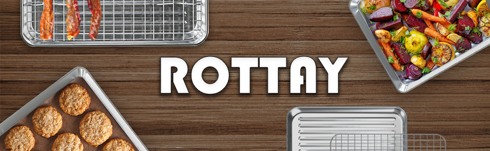 ROTTAY Baking Sheet with Rack Set (2 Pans + 2 Racks), Stainless Steel Cookie Sheet with Cooling Rack, Nonstick Baking Pan, Warp Resistant & Heavy Duty & Rust Free, Size 16 x 12 x 1 Inches