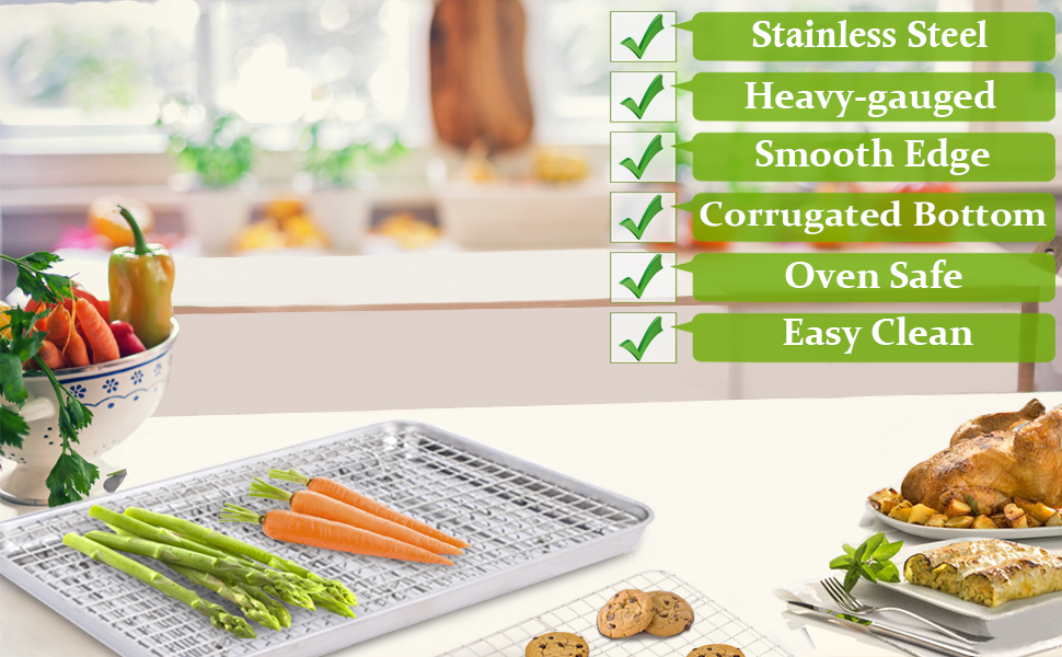 ROTTAY Baking Sheet with Rack Set (2 Pans + 2 Racks), Stainless Steel Cookie Sheet with Cooling Rack, Nonstick Baking Pan, Warp Resistant & Heavy Duty & Rust Free, Size 16 x 12 x 1 Inches