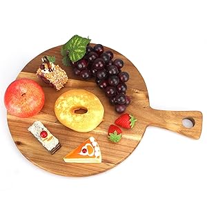 Acacia Wood Cutting Board with Handle Wooden Chopping Board Round Cutting Boards for Kitchen Decor Large Charcuterie Board Tray Teak Meat Cheese Board Bread Serving Platter Butcher Block Pizza Board