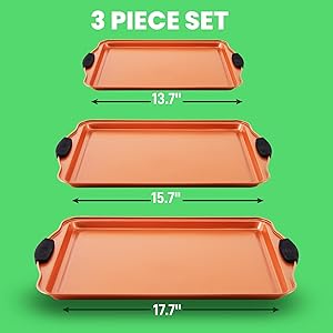 NutriChef 3 Piece Cookie Sheets for Baking - PFOA, PFOS, PTFE Free Nonstick Carbon Steel Bakeware Set - Home Kitchen Bake Pan Cookie Sheet Stackable Baking Sheet w/Black Silicone Handles NCSBS3S45