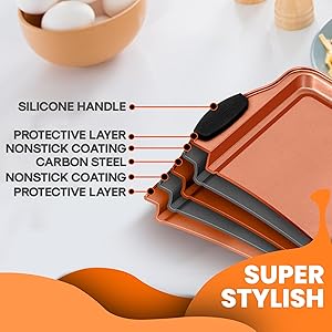 NutriChef 3 Piece Cookie Sheets for Baking - PFOA, PFOS, PTFE Free Nonstick Carbon Steel Bakeware Set - Home Kitchen Bake Pan Cookie Sheet Stackable Baking Sheet w/Black Silicone Handles NCSBS3S45