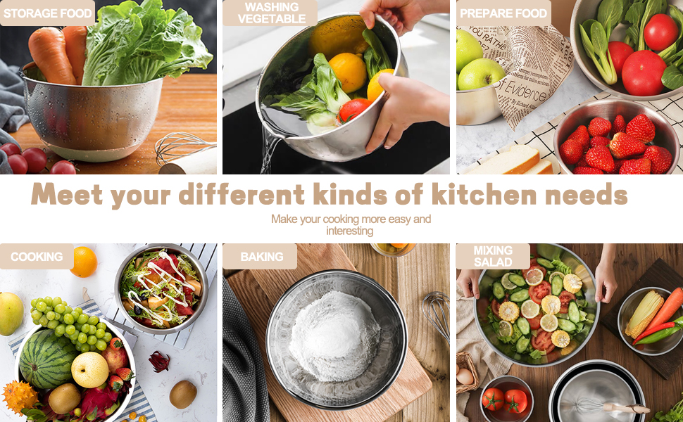 Umite Chef Mixing Bowls with Airtight Lids, 6 piece Stainless Steel Metal Nesting Storage Bowls, Non-Slip Bottoms Size 7, 3.5, 2.5, 2.0,1.5, 1QT, Great for Mixing & Serving (Khaki)