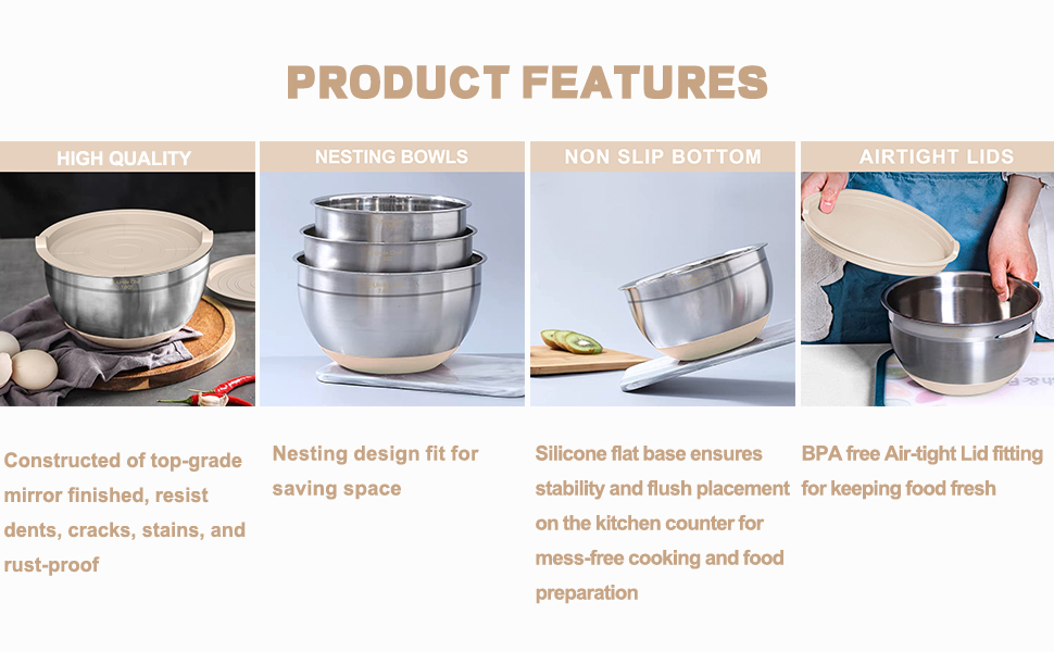 Umite Chef Mixing Bowls with Airtight Lids, 6 piece Stainless Steel Metal Nesting Storage Bowls, Non-Slip Bottoms Size 7, 3.5, 2.5, 2.0,1.5, 1QT, Great for Mixing & Serving (Khaki)