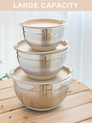 Umite Chef Mixing Bowls with Airtight Lids, 6 piece Stainless Steel Metal Nesting Storage Bowls, Non-Slip Bottoms Size 7, 3.5, 2.5, 2.0,1.5, 1QT, Great for Mixing & Serving (Khaki)