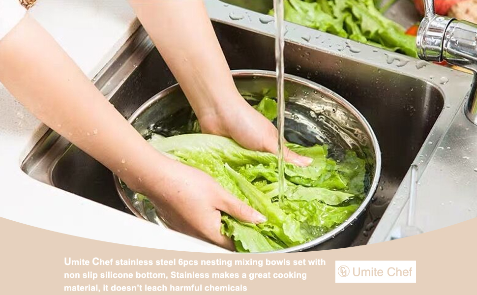 Umite Chef Mixing Bowls with Airtight Lids, 6 piece Stainless Steel Metal Nesting Storage Bowls, Non-Slip Bottoms Size 7, 3.5, 2.5, 2.0,1.5, 1QT, Great for Mixing & Serving (Khaki)