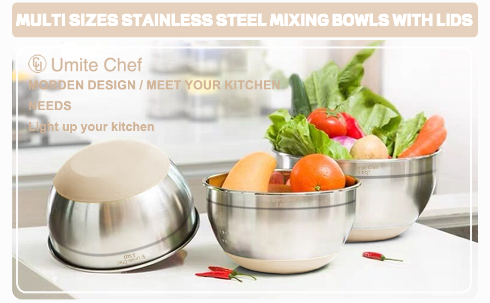 Umite Chef Mixing Bowls with Airtight Lids, 6 piece Stainless Steel Metal Nesting Storage Bowls, Non-Slip Bottoms Size 7, 3.5, 2.5, 2.0,1.5, 1QT, Great for Mixing & Serving (Khaki)