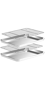 Quarter Sheet Pan with Cooling Rack Set [2 Baking Sheets + 2 Baking Racks], CEKEE Stainless Steel Cookie Sheets for Baking and Wire Rack - Rust & Warp Resistant & Nonstick, Size 12 x 9.8 x 1 Inch