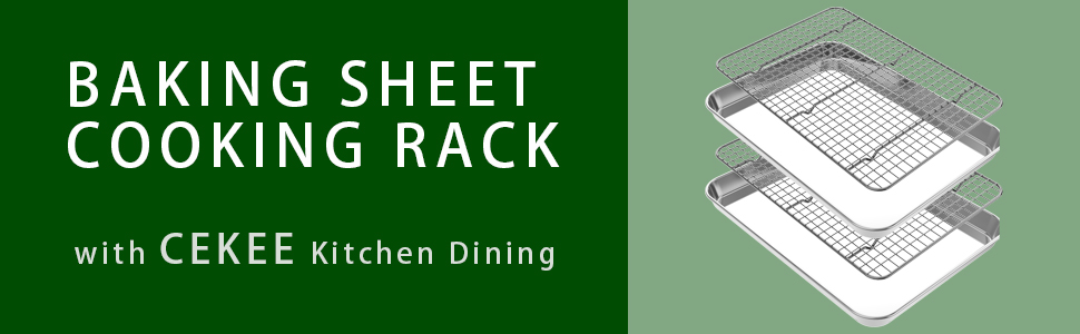 Quarter Sheet Pan with Cooling Rack Set [2 Baking Sheets + 2 Baking Racks], CEKEE Stainless Steel Cookie Sheets for Baking and Wire Rack - Rust & Warp Resistant & Nonstick, Size 12 x 9.8 x 1 Inch