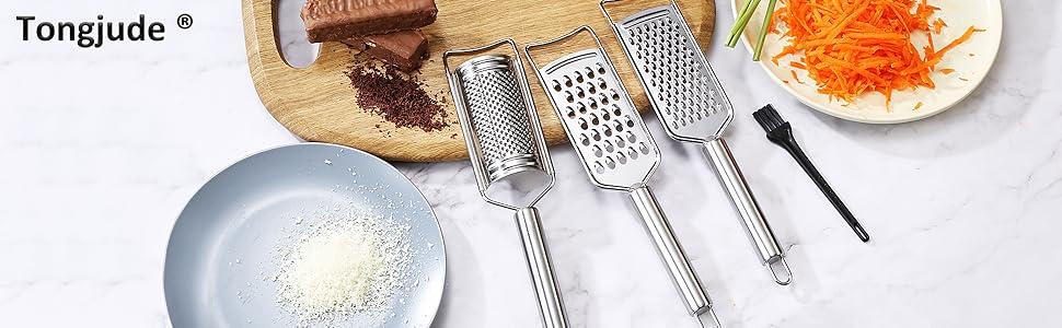 Tongjude Stainless Steel Cheese Grater Set, Set of 5 Kitchen Grater & Peeler & Slicer, Lemon Zester with Cleaning Brush for Vegetable, Fruit, Chocolate