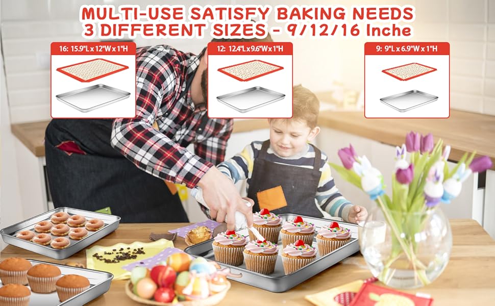 Baking Sheet with Silicone Baking Mat Set,CEKEE Stainless Steel Baking Sheet Pan Tray, Cookie Sheets for Baking, 6PCS Baking Supplies Bakeware Sets for Oven Making Cookies, Macaroons, Bread