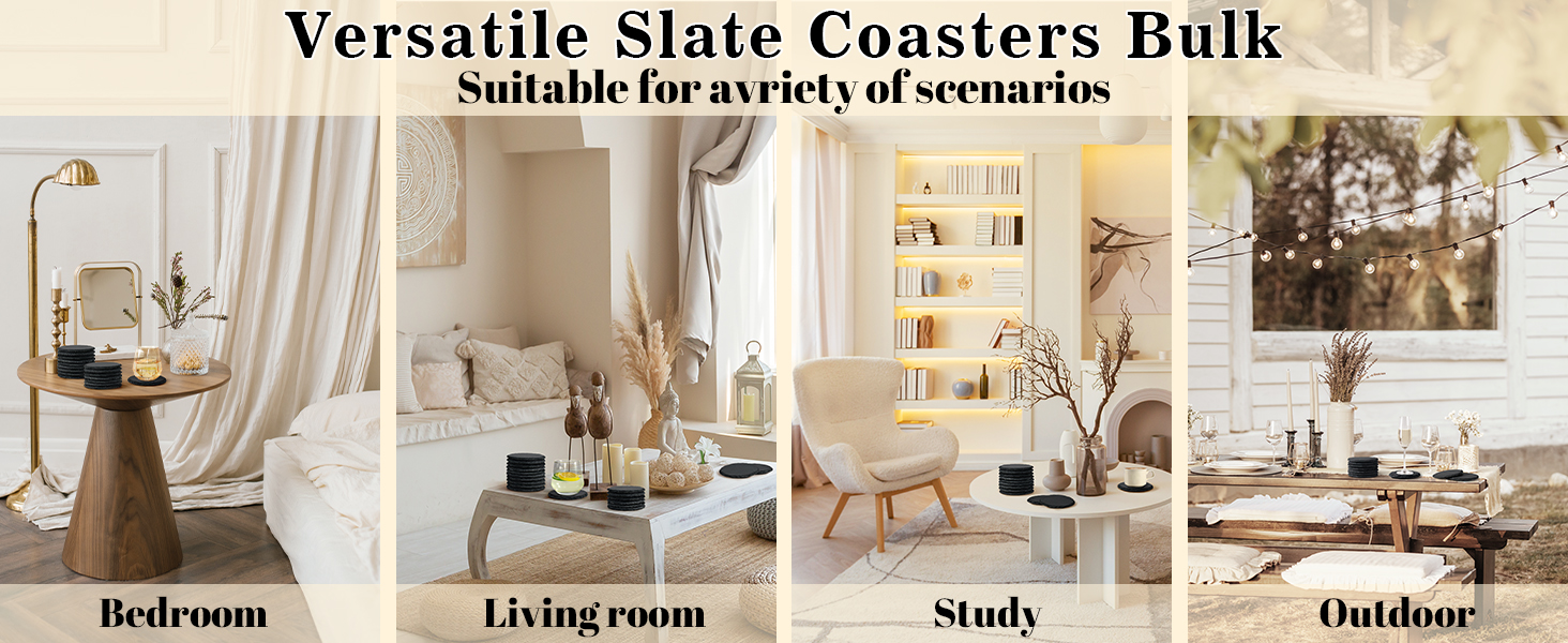 Slate Coasters with Holder, MAPRIAL 4 Inch Coaster Set of 12 Round Black Slate Stone DIY Coasters with Anti-Scratch Backing for Halloween Christmas, Bar, Kitchen, Home Decor, Gifts for Mom, Dad