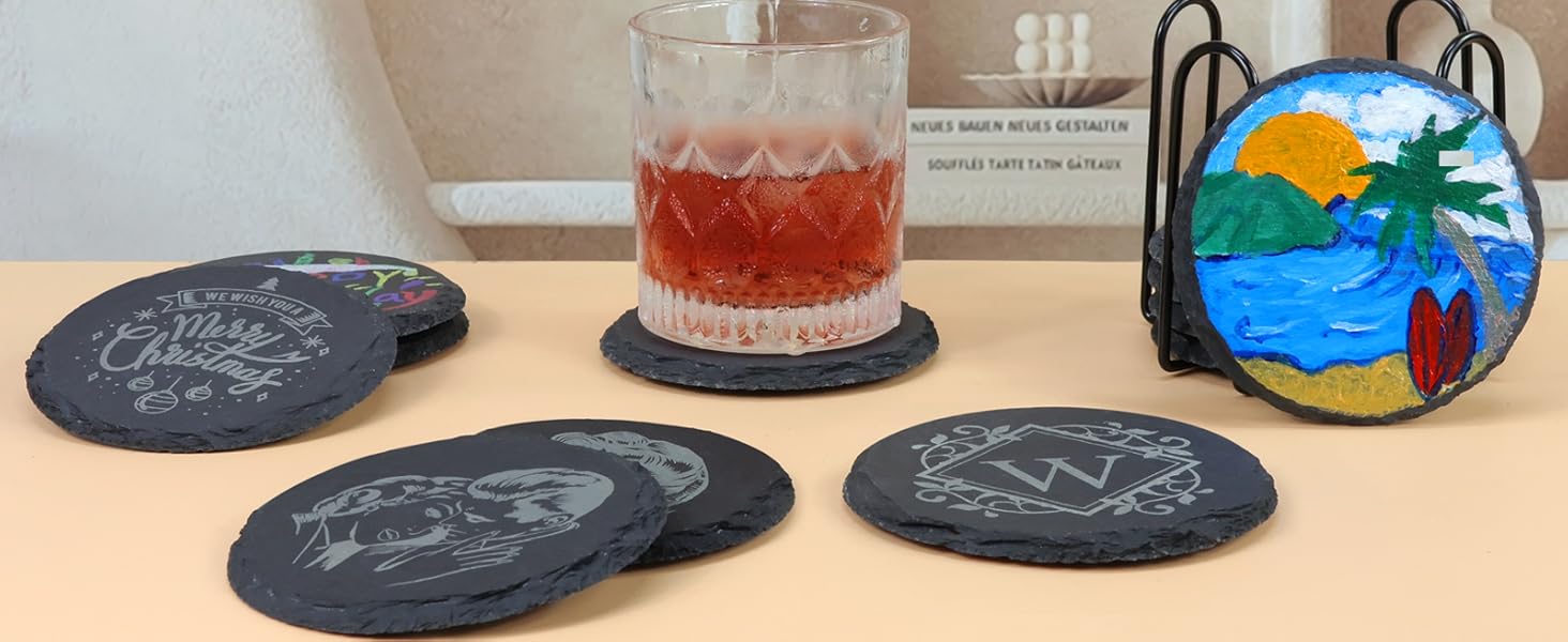 Slate Coasters with Holder, MAPRIAL 4 Inch Coaster Set of 12 Round Black Slate Stone DIY Coasters with Anti-Scratch Backing for Halloween Christmas, Bar, Kitchen, Home Decor, Gifts for Mom, Dad