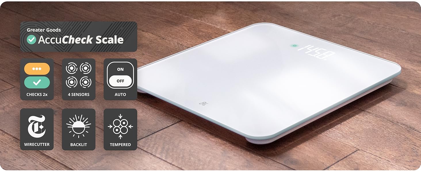 Greater Goods AccuCheck Digital Scale for Body Weight - Accurate Digital Bathroom Scale with High-Precision Sensors, Large Easy-to-Read Backlit Display, 400 lb Capacity, Auto Step-On (White)