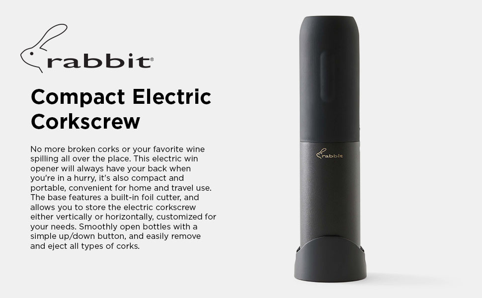 Rabbit Electric Corkscrew Wine Opener - Push Button Automatic Bottle Opener, Compact Design, Opens Bottles Quietly, Stores Vertically or Horizontally, Black