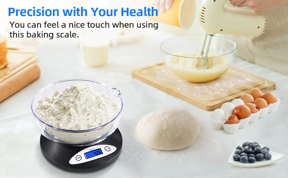 THINKSCALE Digital Kitchen Scale, Highly Accurate 5000g/11lb x 0.1oz, Food Scale for Cooking, Baking and Weight Loss, Kitchen Scale with Bowl 2 Modes and Tare Features, Back-lit LCD Display