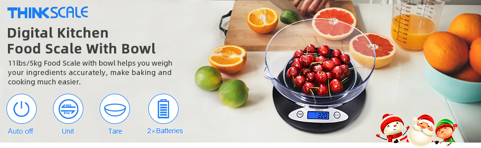 THINKSCALE Digital Kitchen Scale, Highly Accurate 5000g/11lb x 0.1oz, Food Scale for Cooking, Baking and Weight Loss, Kitchen Scale with Bowl 2 Modes and Tare Features, Back-lit LCD Display
