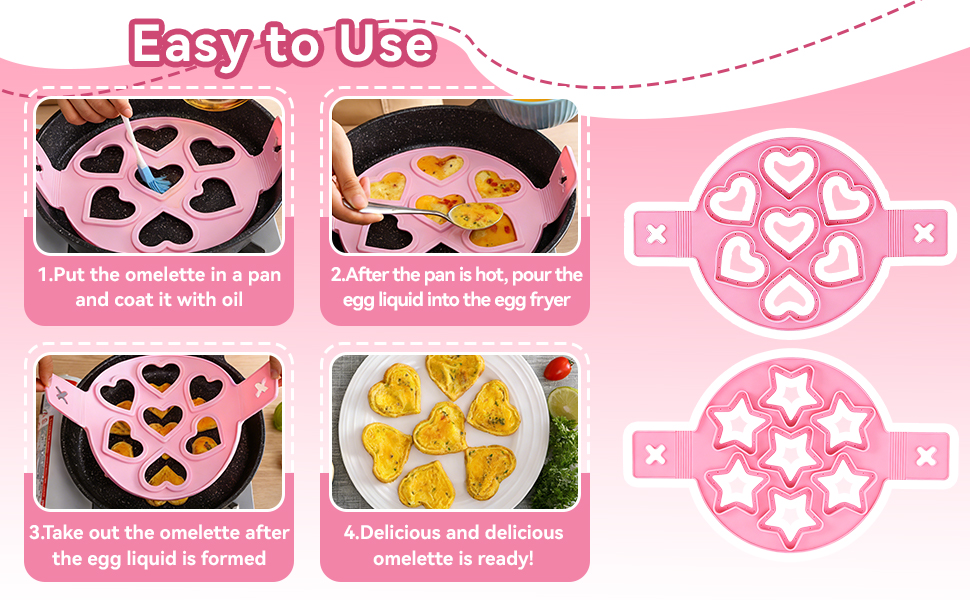 2PCS Pancake Maker Mold, 7 Cavity Star/Heart Shape Nonstick Reusable Silicone Egg Mold Ring with Handle Kitchen Cooking Baking Tools for Muffin Fried Egg Burger