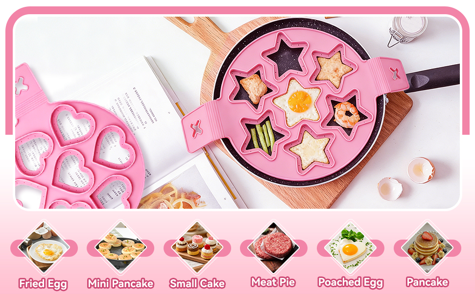 2PCS Pancake Maker Mold, 7 Cavity Star/Heart Shape Nonstick Reusable Silicone Egg Mold Ring with Handle Kitchen Cooking Baking Tools for Muffin Fried Egg Burger