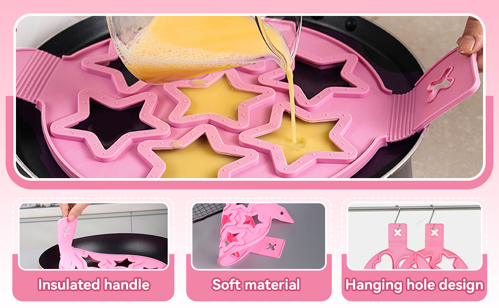 2PCS Pancake Maker Mold, 7 Cavity Star/Heart Shape Nonstick Reusable Silicone Egg Mold Ring with Handle Kitchen Cooking Baking Tools for Muffin Fried Egg Burger