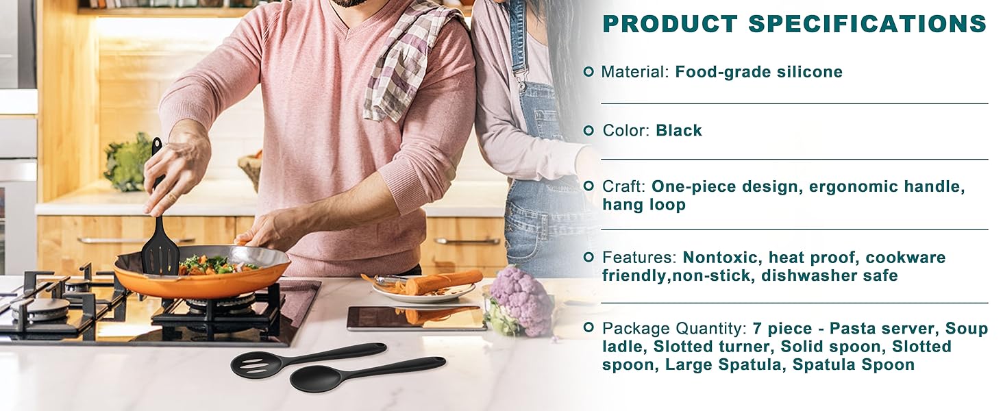 TeamFar Silicone Cooking Utensil Set of 7, Black Kitchen Nonstick Tools Turner Spoon Spatula Ladle Pasta Server for Nonstick Cookware, Healthy & One-Piece, Anti-Heat & Dishwasher Safe