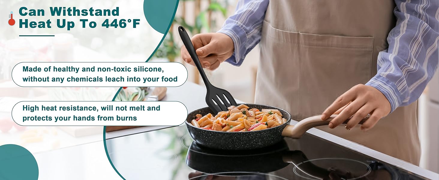 TeamFar Silicone Cooking Utensil Set of 7, Black Kitchen Nonstick Tools Turner Spoon Spatula Ladle Pasta Server for Nonstick Cookware, Healthy & One-Piece, Anti-Heat & Dishwasher Safe