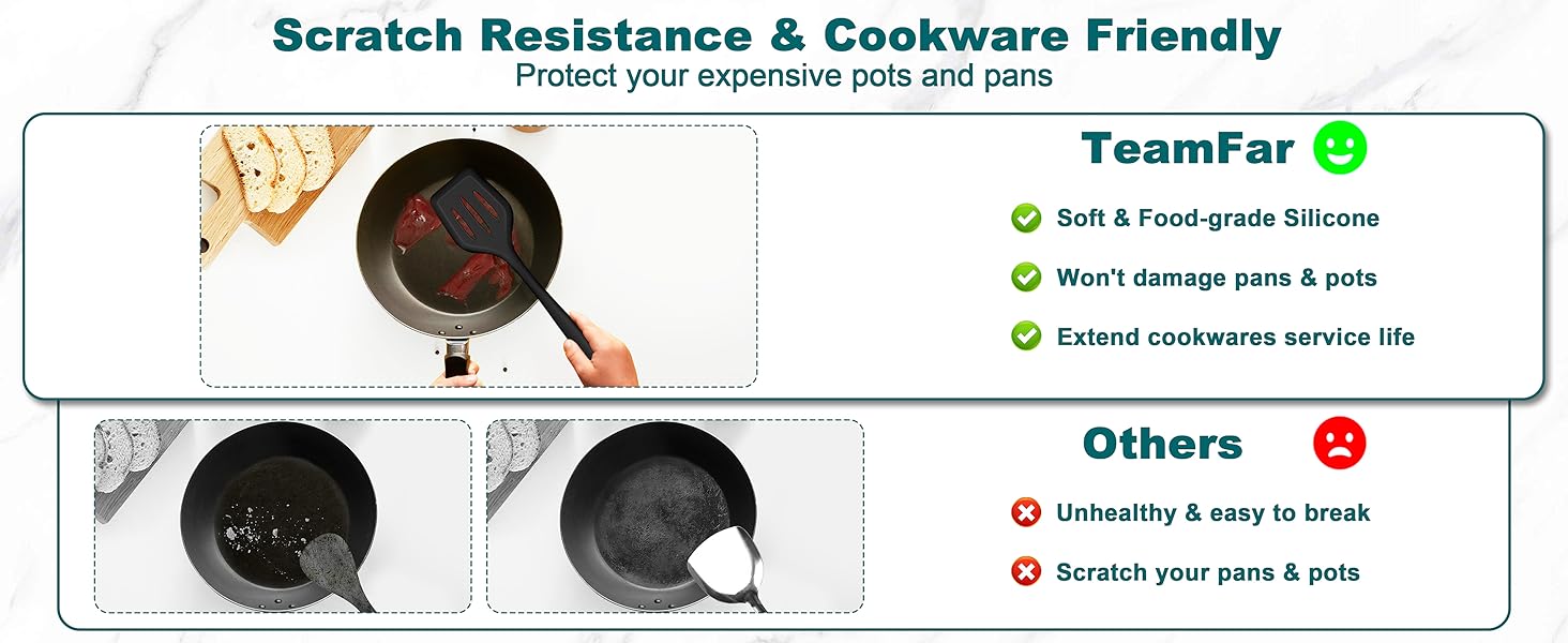 TeamFar Silicone Cooking Utensil Set of 7, Black Kitchen Nonstick Tools Turner Spoon Spatula Ladle Pasta Server for Nonstick Cookware, Healthy & One-Piece, Anti-Heat & Dishwasher Safe