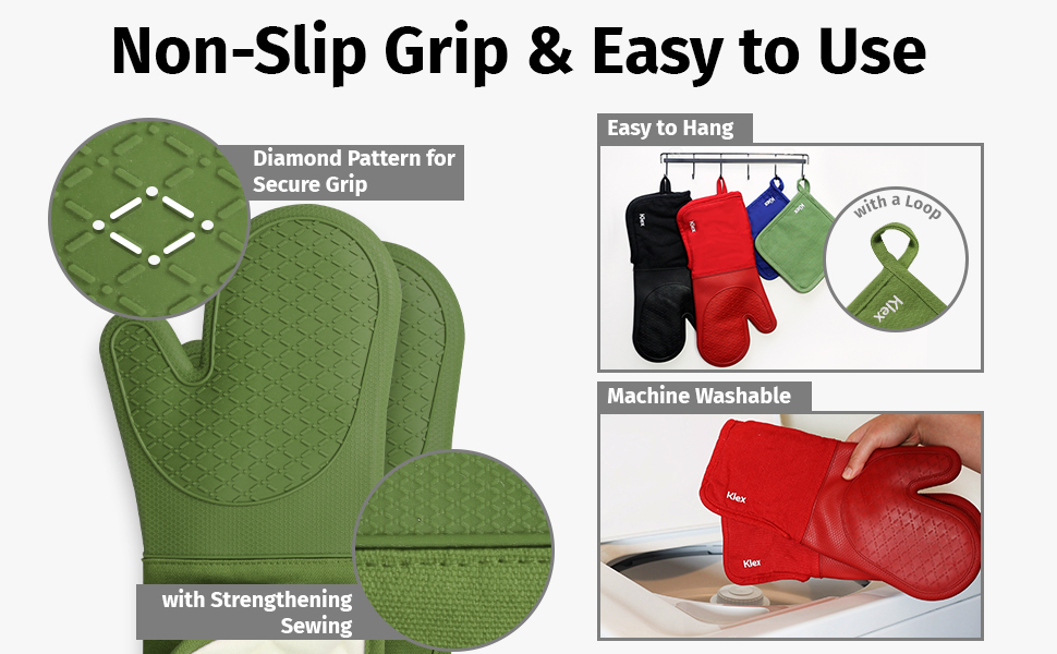 Klex Extra Long Silicone Oven Mitts, 932°F Degrees Heat Resistance with Quilted Cotton Liner Oven Gloves, 2 Piece Set, 15 inch, Red