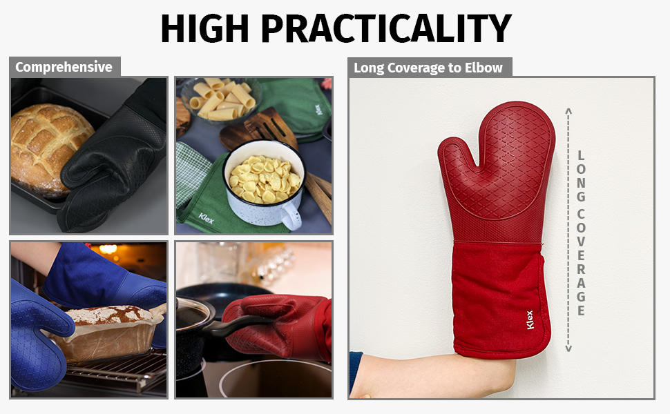 Klex Extra Long Silicone Oven Mitts, 932°F Degrees Heat Resistance with Quilted Cotton Liner Oven Gloves, 2 Piece Set, 15 inch, Red