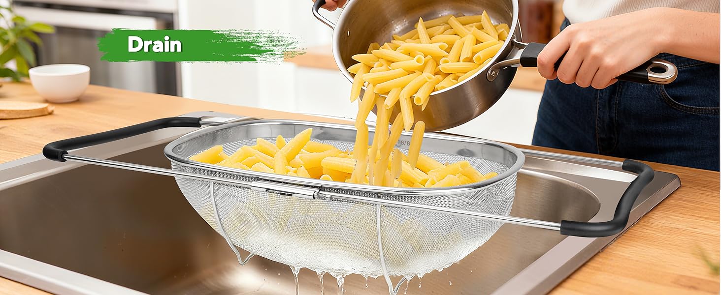 Tiawudi 6-Quart Large Over The Sink Colander, Heavy Duty 40% Thicker 18/8 Stainless Steel Fine Mesh Strainer Basket with Expandable Rubber Grip Handles - Strain, Drain, Rinse Fruits, Vegetables