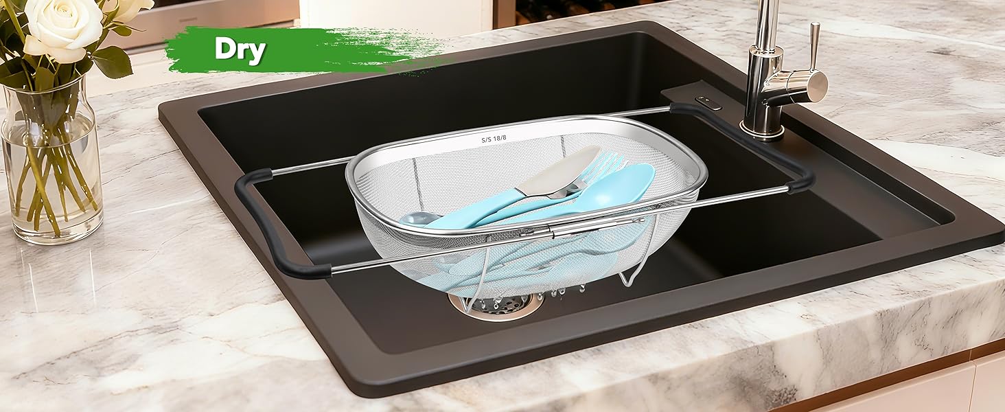 Tiawudi 6-Quart Large Over The Sink Colander, Heavy Duty 40% Thicker 18/8 Stainless Steel Fine Mesh Strainer Basket with Expandable Rubber Grip Handles - Strain, Drain, Rinse Fruits, Vegetables
